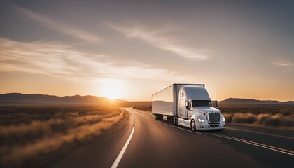Obraz premium white trailer truck driving alone on empty American roads at sunset, long exposure, isolated white background 