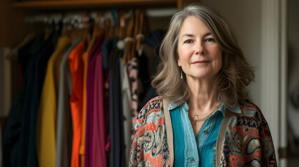 Casual portrait of a middle-aged woman near her wardrobe, reflecting on choices that express personal style and comfort