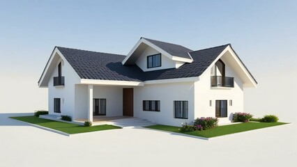 3d house model rendering on white background, Clean and precise 3D illustration modern cozy house. Concept for real estate or property.