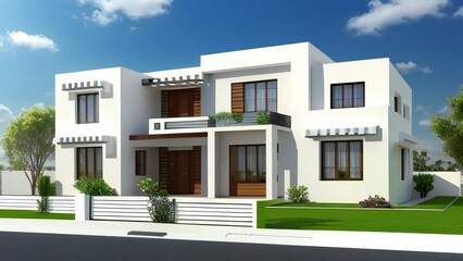 3d house model rendering on white background, Clean and precise 3D illustration modern cozy house. Concept for real estate or property.
