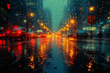 Amidst the dark city streets, the glistening wet road reflects the vibrant lights of the night, a beautiful yet haunting image of solitude and mystery