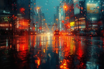 The shimmering city street, adorned with the glimmer of raindrops and the reflection of towering skyscrapers, exudes a sense of melancholy and wonder in the midst of the bustling night