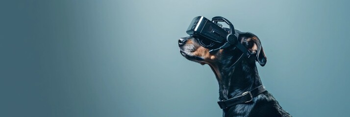 Dog with VR headset isolated on grey background. Cybernetic technology, robot. Future tech, science fiction. Design for banner, header with copy space. Funny cute animal