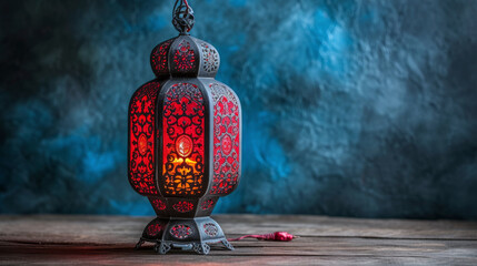  Red Lantern on Wooden Table with Copy Space  - Powered by Adobe