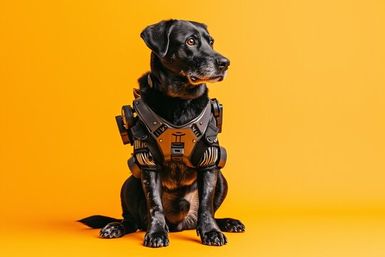 Cyborg labrador dog isolated on yellow background. Cybernetic technology, robot. Future tech, science fiction. Design for banner, poster with copy space. Funny cute animal