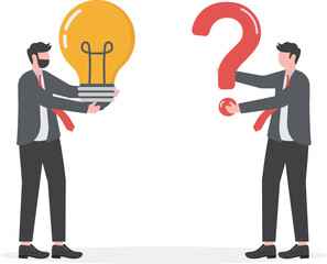 Question and answer, solving problem or business solution, ask for reply or idea to solve difficulty and trouble, FAQ concept, businessman hand holding question mark with other reply with lightbulb.

