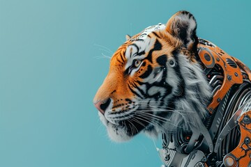 Cyborg tiger isolated on blue background. Cybernetic technology, cyborg. Future tech, science fiction. Design for banner, poster with copy space. Wildlife, predator concept