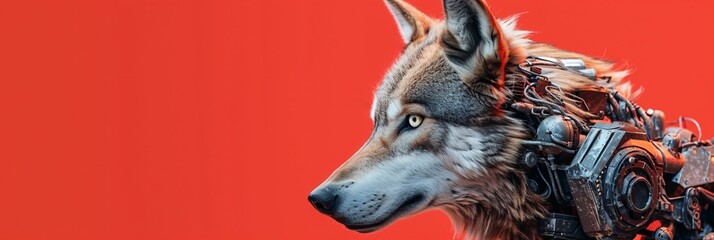 Cyborg wolf isolated on red background. Cybernetic technology, cyborg. Future tech, science fiction. Design for banner, poster with copy space. Wildlife, predator concept