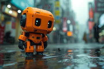 A playful toy robot braves the rain, its orange lego body standing tall in a puddle as if ready for adventure in a cartoon world