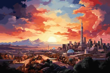 Fotobehang A fanciful rendering of a romantic sunset over a city skyline,AI generative. © Tanjil Hasnat