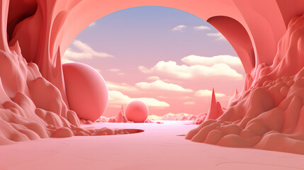 3d model landscape scene, pink hills with clouds sky 3d interior model scene in the cave space , in the style of vibrant, surrealist pop art