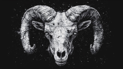 A skull of a ram with horns on a black background. 3d rendering. Grunge background with skull of a goat. Vector illustration. - obrazy, fototapety, plakaty