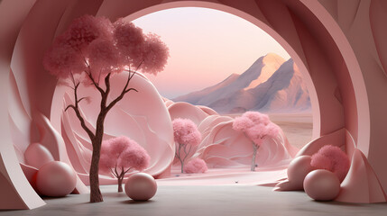 a 3d interior scene with arches and mountains, 3d render, in the style of surrealist pop, pastel-colored landscapes, light pink and light crimson, trompe l'oeil realism, ethereal trees, spherical  - obrazy, fototapety, plakaty