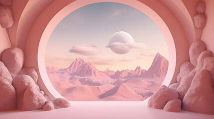 pink mountains landscape abstract background 3d rendering free, in the style of surrealist ceramics, interior scenes, arched doorways, pensive surrealism, spherical sculptures, photosurrealist