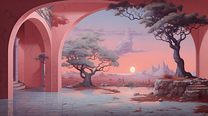 tree stands under an arch over a deserted courtyard with a pink sky, in the style of surrealistic futuristic, interior scenes, expansive landscapes, trompe l’oeil, light red and light azure, fantasy