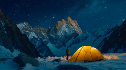 Illuminated yellow tent at night in snowy mountains with person standing next to it and starry sky, long night exposure of tent in mountains - Powered by Adobe