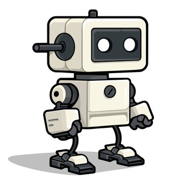 A cute white cartoon robot with a large square head isolated against a transparent white background