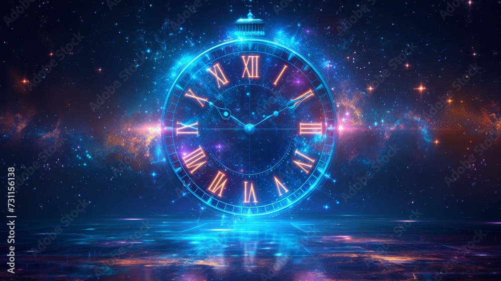 Sticker a large, glowing, antique-style clock floats in a vibrant cosmic space with stars and nebulae, gener