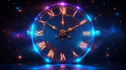 Fototapeta na wymiar A large, ornate clock floating in a cosmic space setting with twinkling stars and nebulas, generative ai