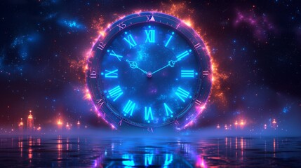Obraz premium A large, glowing, futuristic clock floats above a reflective surface against a starry night sky, generative ai