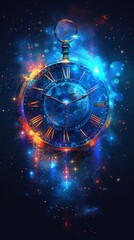 A vibrant, celestial-inspired illustration featuring an ornate clock with roman numerals amidst stars and cosmic glows, generative ai
