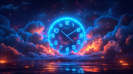 A digital artwork depicting a large neon clock floating above a reflective surface under a starry sky, generative ai