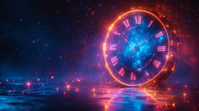 A glowing neon clock set against a starry sky, reflecting on a wet surface beneath, generative ai