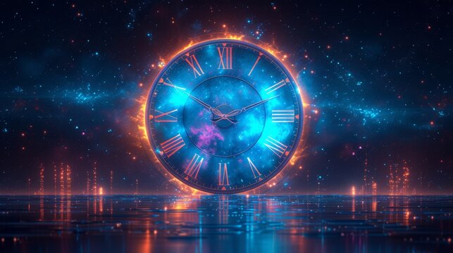 A large, glowing clock with Roman numerals floats in a futuristic, starry space with neon lights, generative ai