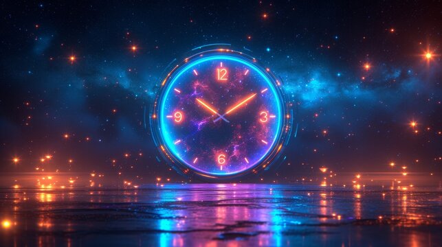 A glowing clock with cosmic background hovers above a reflective surface under a starry, nebula-filled sky, generative ai