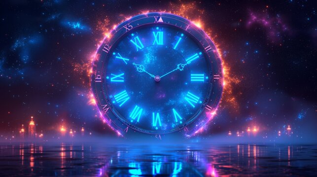 A large, glowing, futuristic clock floats above a reflective surface against a starry night sky, generative ai