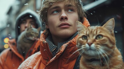 A thoughtful young individual stares into the distance, holding a ginger cat, as snow gently falls, generative ai