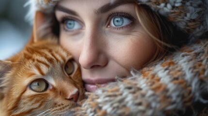 A woman and her orange tabby cat share a close moment, wrapped in a cozy scarf, generative ai