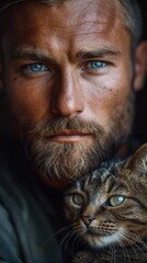 A man with striking blue eyes and a beard is closely holding a tabby cat, generative ai