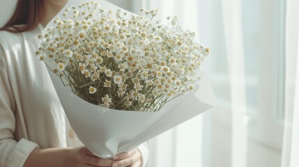 A person holds a large bouquet of white daisies wrapped in white paper near a window, generative ai