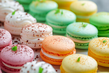 Obraz na płótnie Canvas Colored macarons, close-up. Delicious french macaroons. Background with sweet dessert. Confectionery products