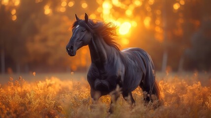 A majestic black horse stands in a sunlit field with golden hues and trees behind, generative ai