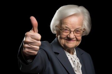 An elderly woman showing approval and support by giving a thumbs up sign with her hand.