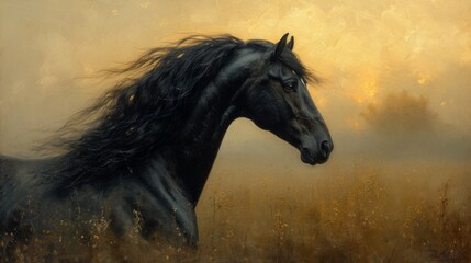 Obraz na płótnie Canvas A majestic black horse with a flowing mane stands against a golden, textured, impressionistic background, generative ai