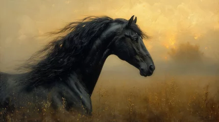 Foto op Plexiglas A majestic black horse with a flowing mane stands against a golden, textured, impressionistic background, generative ai © TheGoldTiger