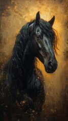 A majestic black horse with a shimmering mane is depicted against a warm, golden-hued background, generative ai