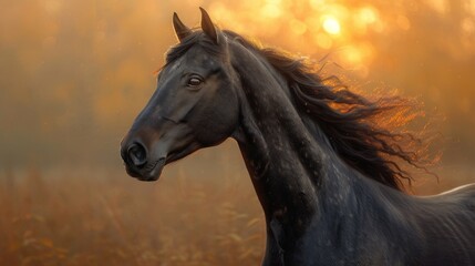 A majestic black horse with a flowing mane is backlit by a golden, sun-filled haze, generative ai