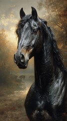 Majestic black horse portrait with detailed mane, forest background, and herd of horses in the distance, generative ai