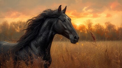 Obraz na płótnie Canvas A majestic black horse stands in a field with golden grass under a dramatic sunset sky, generative ai
