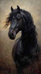 A majestic black horse with flowing mane stands against a muted background, exuding strength and beauty, generative ai