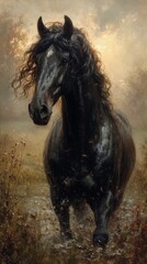 Obraz na płótnie Canvas A majestic black horse with flowing mane gallops in a misty field, embodying freedom and power, generative ai
