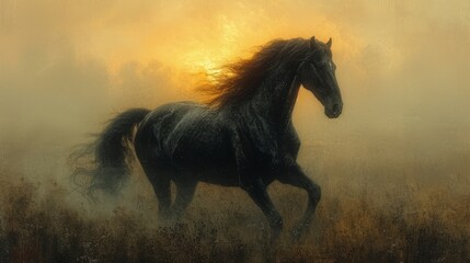Fototapeta na wymiar A majestic black horse gallops freely across a misty field under a glowing, golden-hued sky, generative ai
