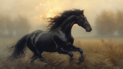 A majestic black horse gallops freely across a misty field, with a warm, glowing sunrise backdrop, generative ai