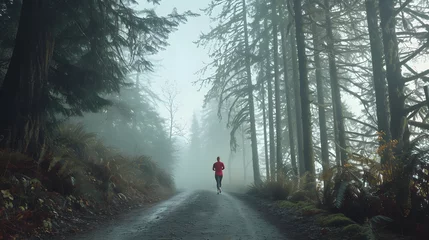 Poster healthy lifestyle, a person jogging on a misty forest trail at dawn, solitude and endurance, © Marc