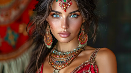 Beautiful young brunette woman with bright make-up in oriental style. 