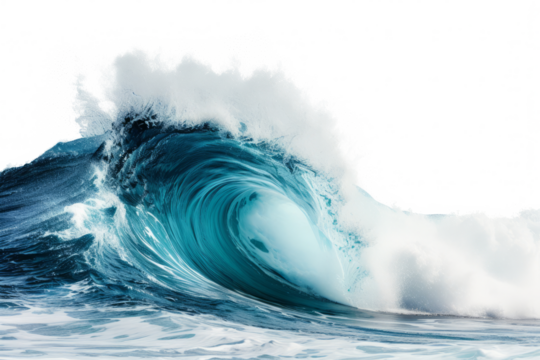 Large stormy ocean wave isolated on transparent background. Sea wave with swirl effect